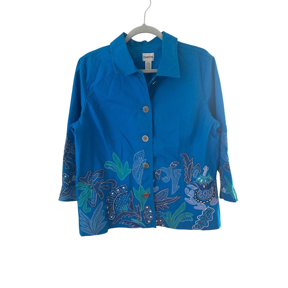 Chicos Blue Embroidered Floral Applique Jacket Cotton Button Front Turquoise 2